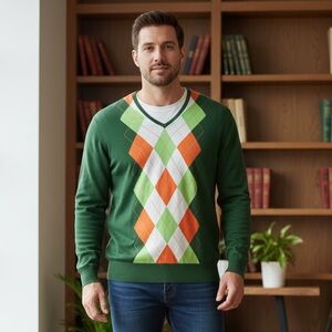 CH Carolina Herrera Green Pima Cotton Argyle V Neck Sweater Size M